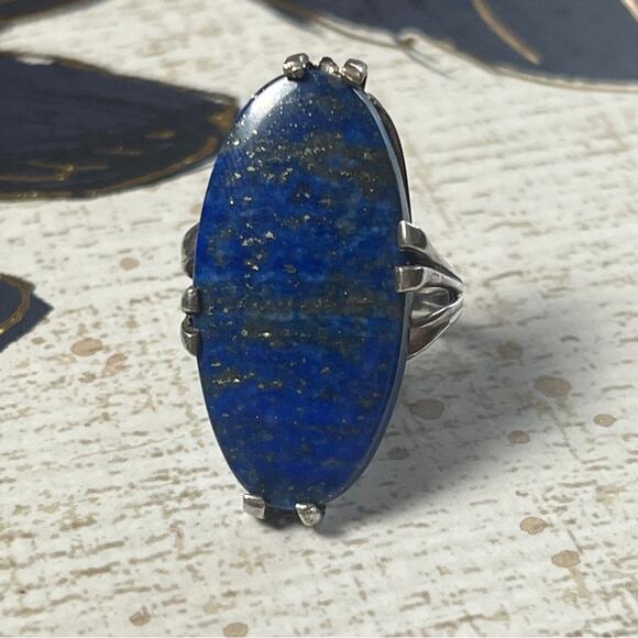 Vintage 925 Sterling Silver and Large Blue Lapis Lazuli Stone Silver Ring D2 - Picture 9 of 14